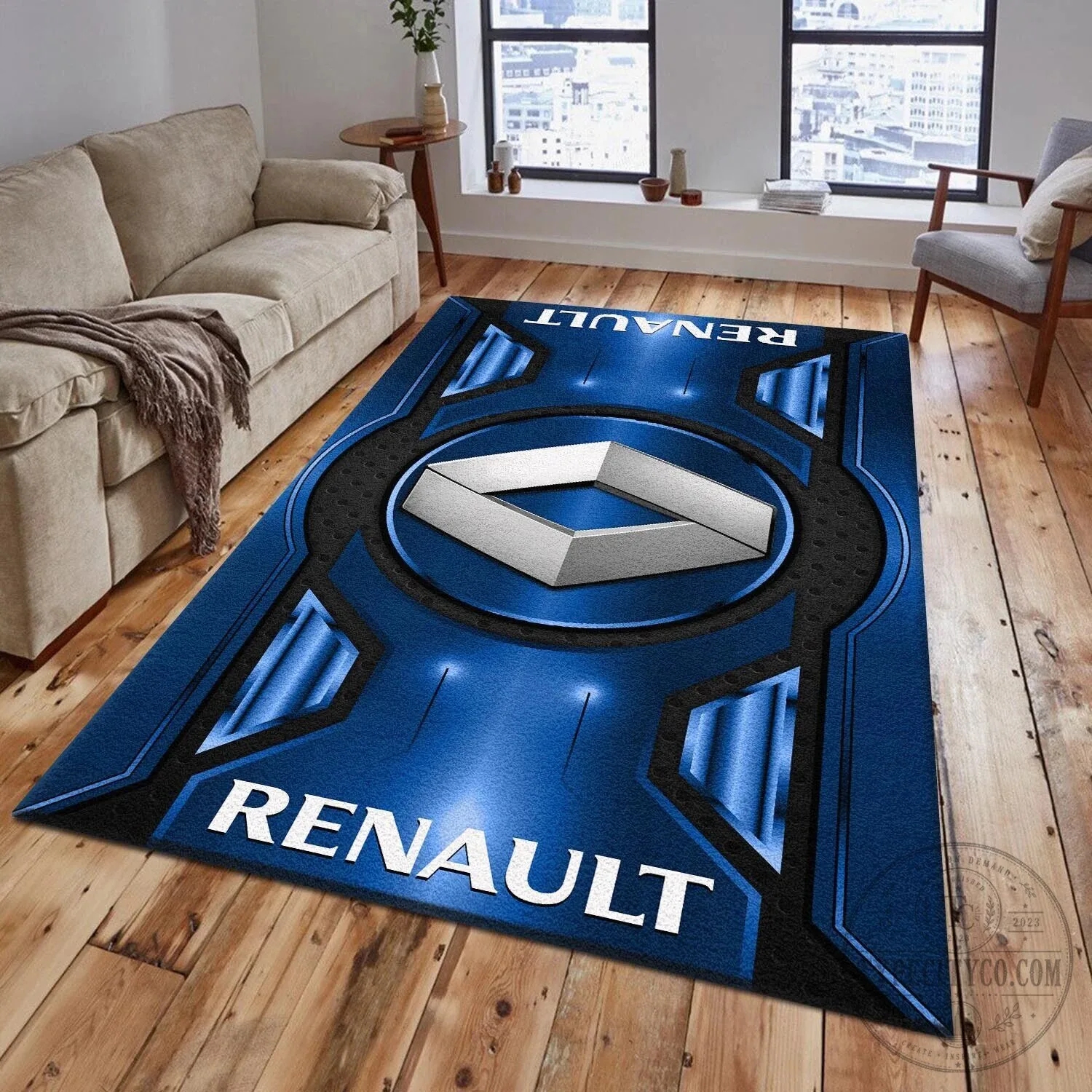 Renault Logo Blue Geometric Pattern Car Brand Area Rug