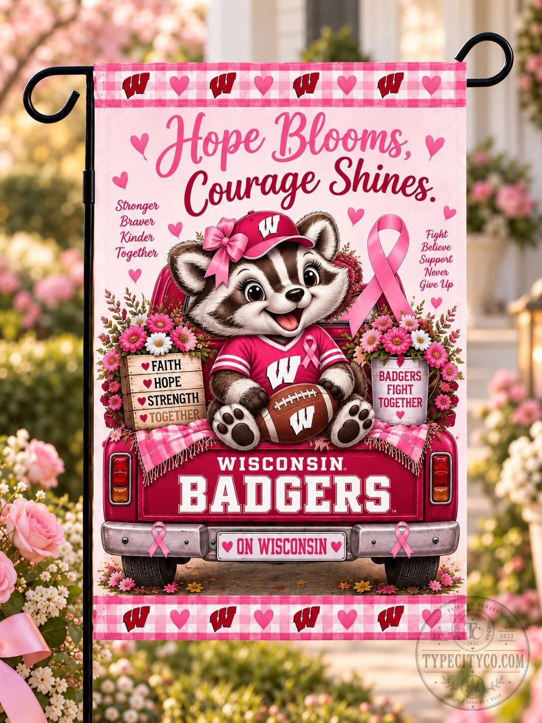 Wisconsin Badgers Breast Cancer Awareness Hope Blooms Courage Shines Flag