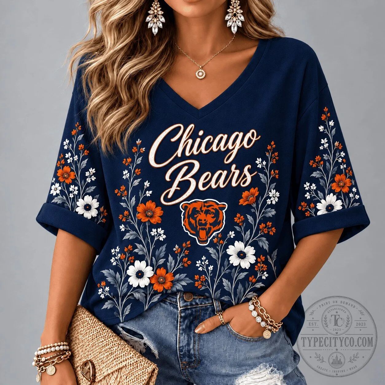 Chicago Bears Shirt Floral Garden V-Neck Short Sleeve T-Shirt for Women