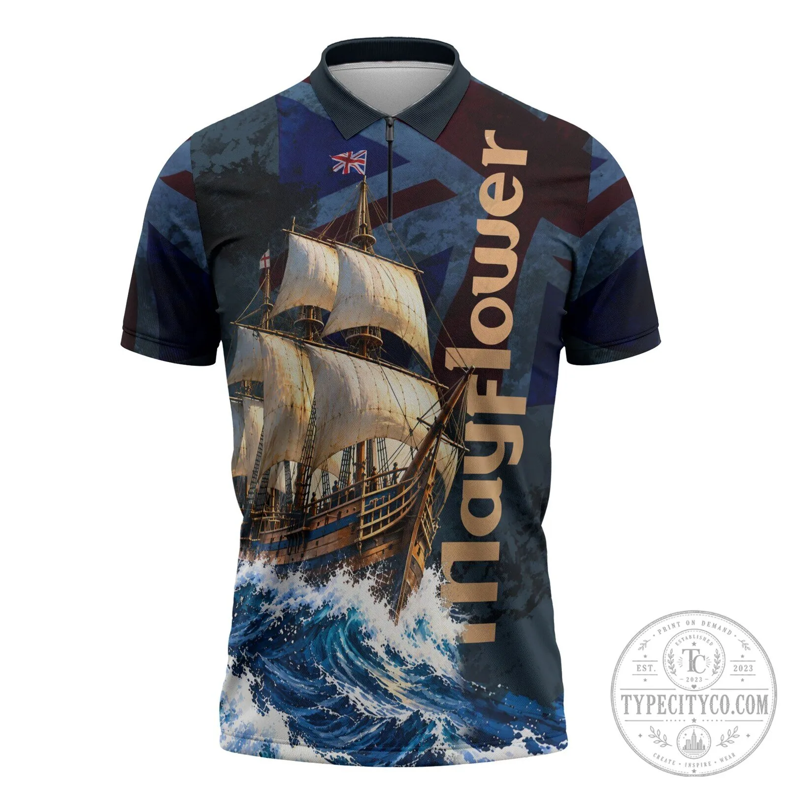 Vintage Nautical Art Polo Shirt Featuring Mayflower 1620 Ship and Ocean Waves Design