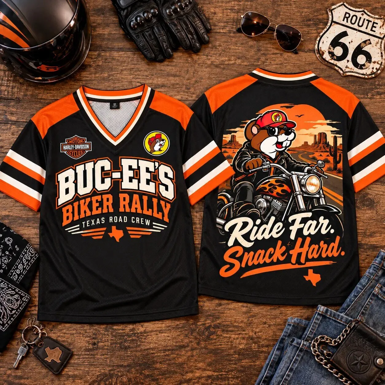 Buc-ee's Biker Rally Texas Road Crew Motorcycle V-Neck Baseball Jersey 8 Buc-ee