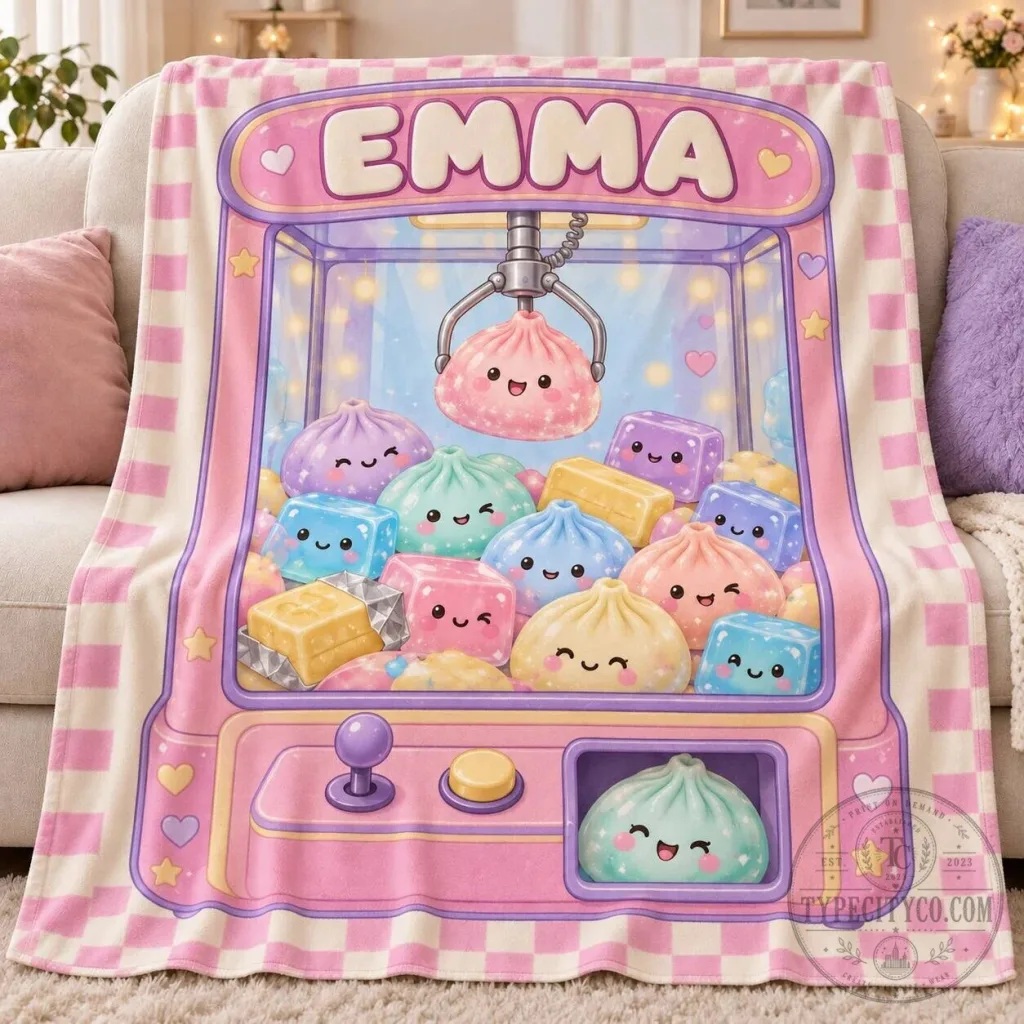 Personalized Dumpling Squishy Claw Machine Cute Kawaii Kids Sherpa Blanket Personalized Dumpling Squishy Claw Machine Cute Kawaii Kids Sherpa Blanket