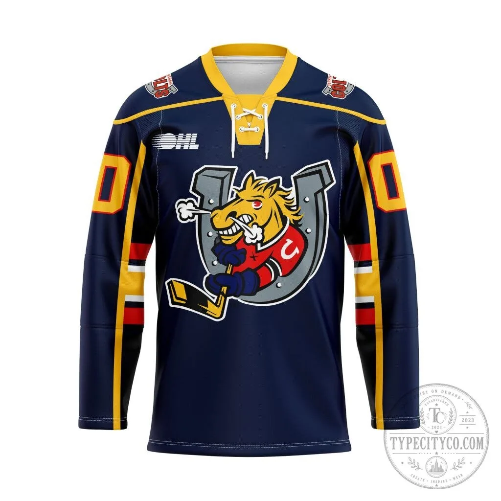 Barrie Colts Personalized OHL Navy Blue Lace Up Hockey Jersey 2 Barrie Colts Personalized OHL Navy Blue Lace Up Hockey Jersey