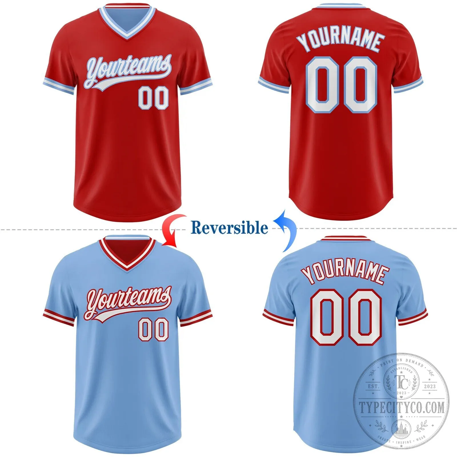 Custom Red Light Blue White Reversible Pullover Baseball Jersey Shirt 12 Custom Red Light Blue White Reversible Pullover Baseball Jersey Shirt
