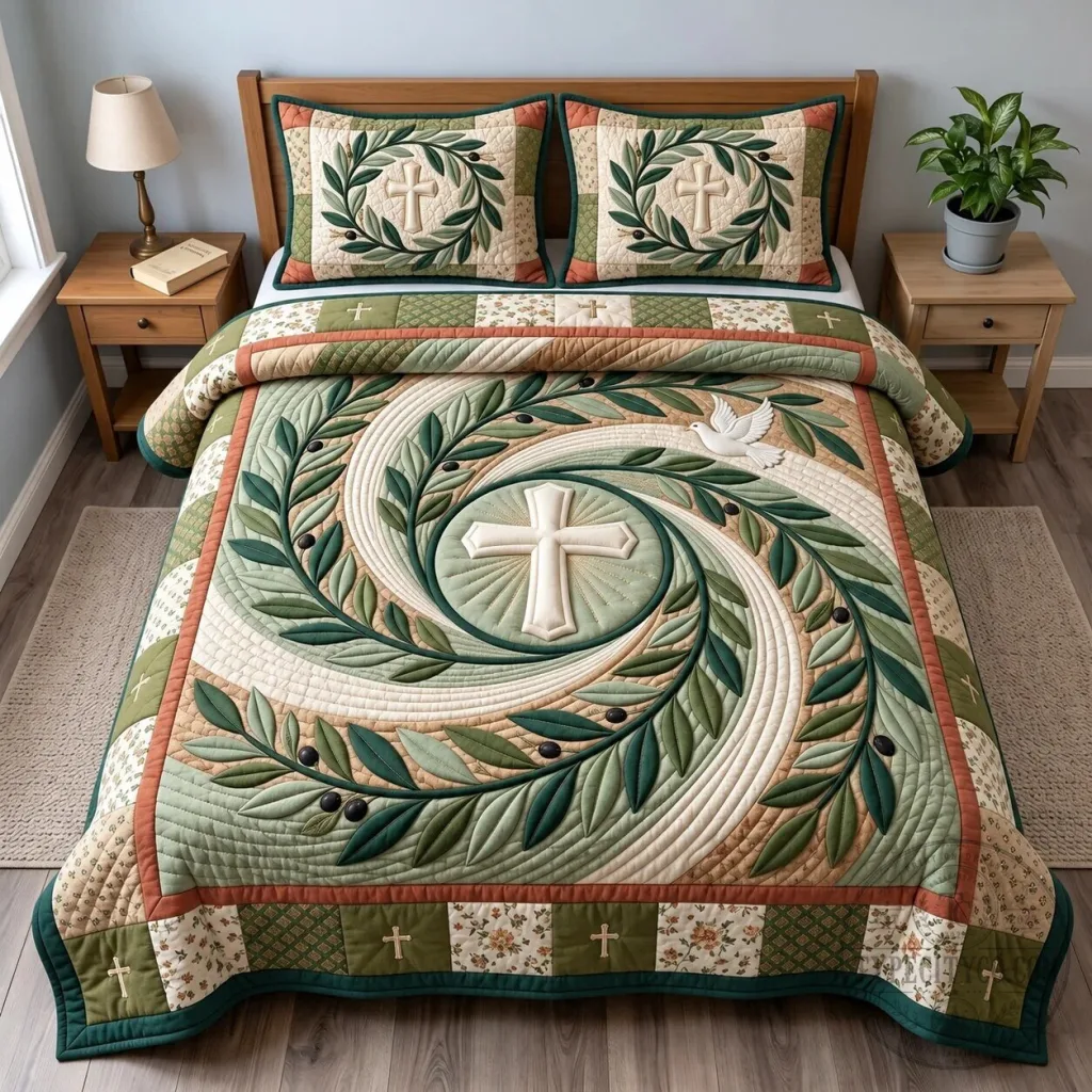 Olive Branch Covenant Christian Cross Quilted Bedding Set Olive Branch Covenant Christian Cross Quilted Bedding Set