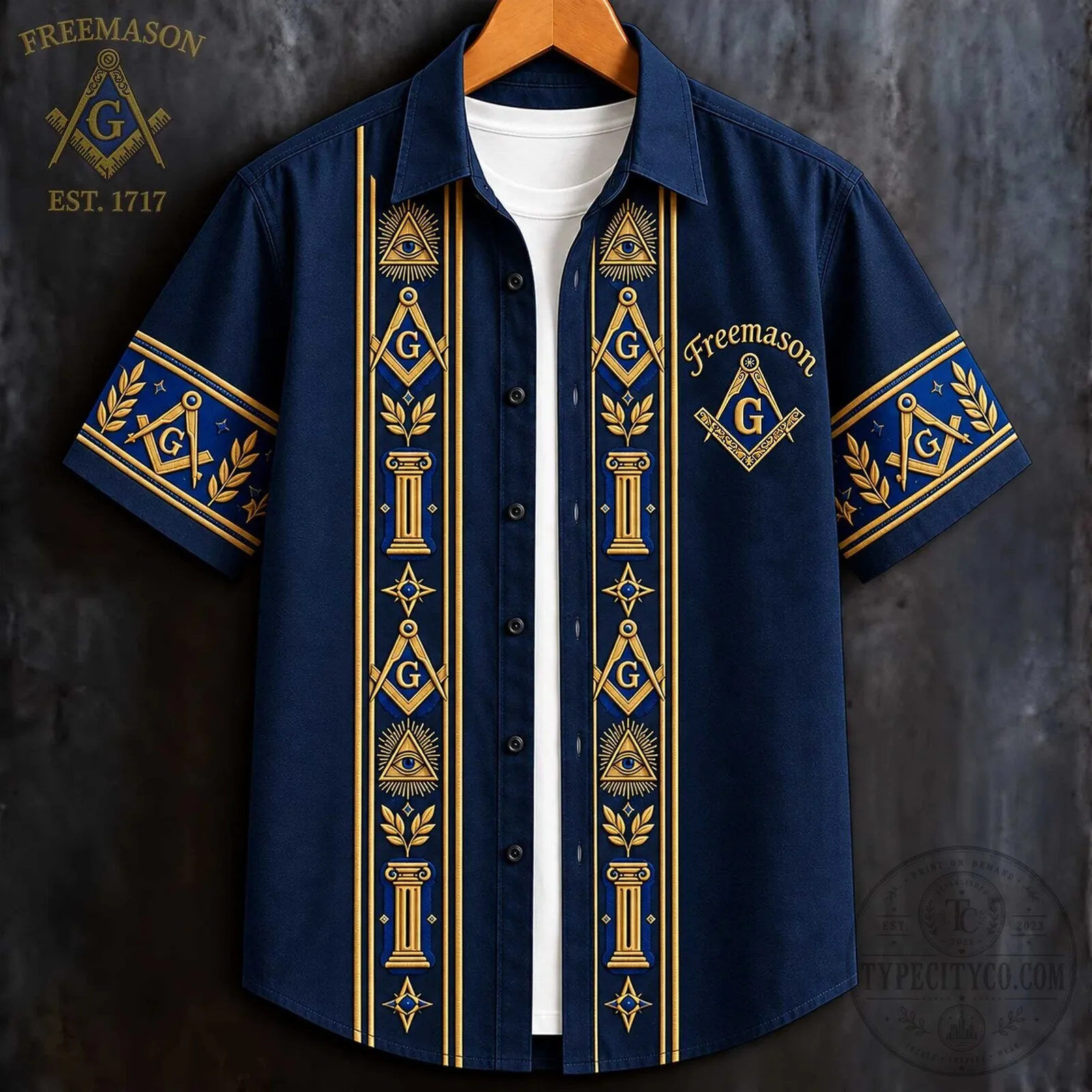 Freemasonry Masonic All Seeing Eye G Symbol Blue Gold Pattern Hawaiian Shirt