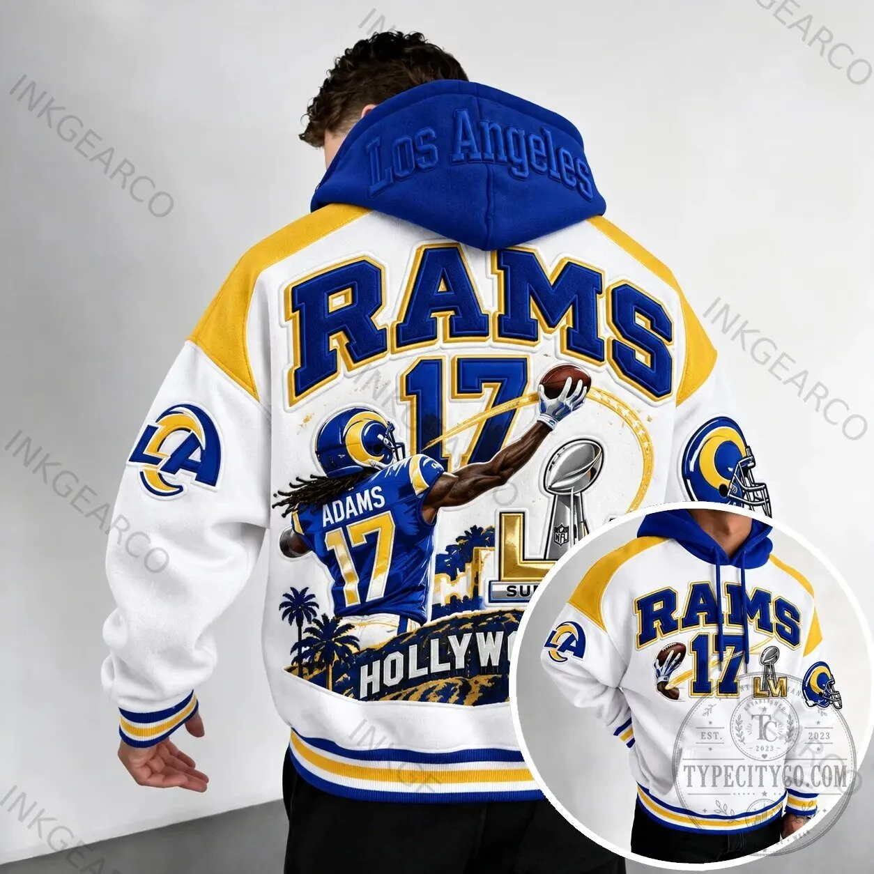 White Varsity Hoodie for Super Bowl LVI Champions featuring Cooper Kupp of the Los Angeles Rams