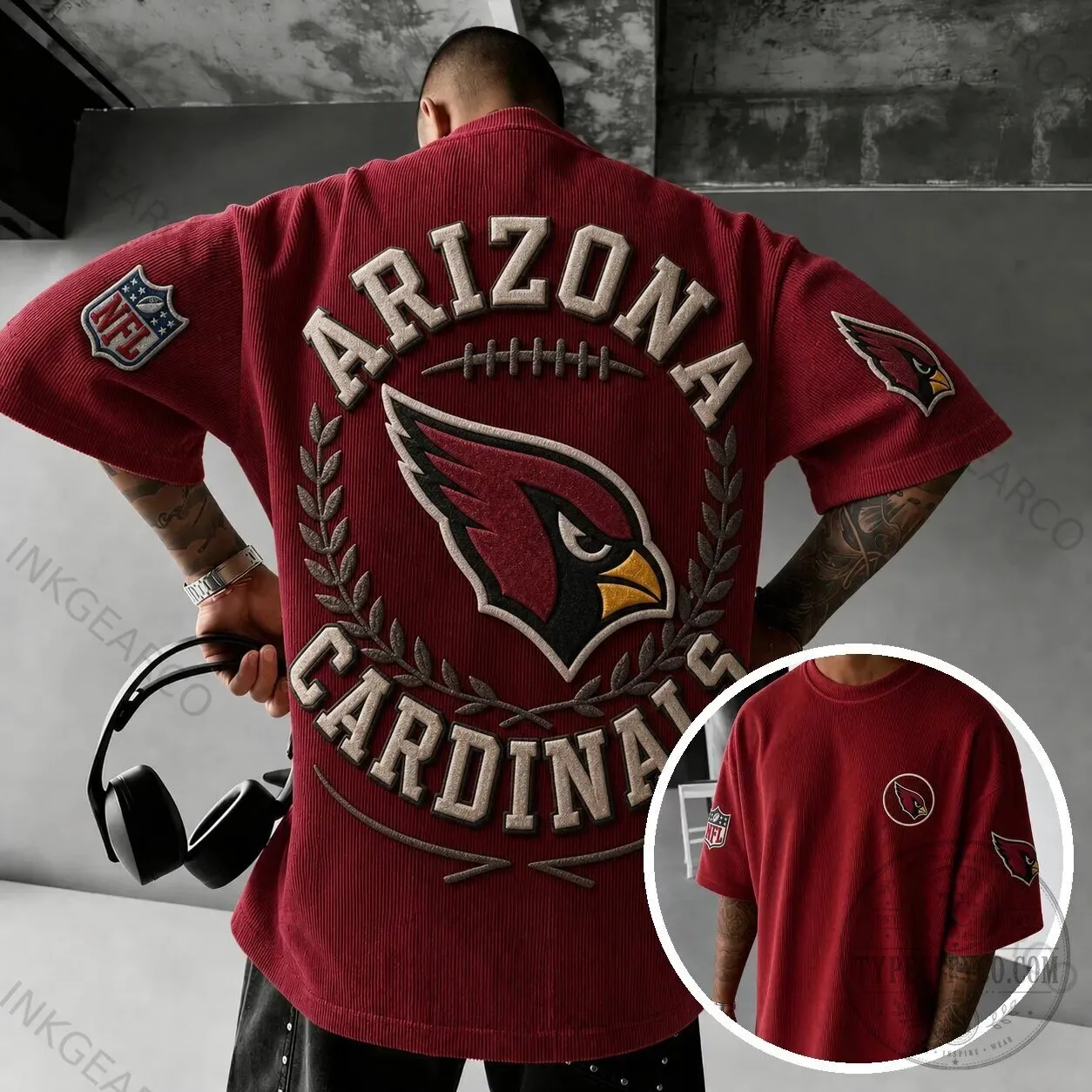 Arizona Cardinals NFL Football Team Embroidered Corduroy Short-Sleeve T-Shirt