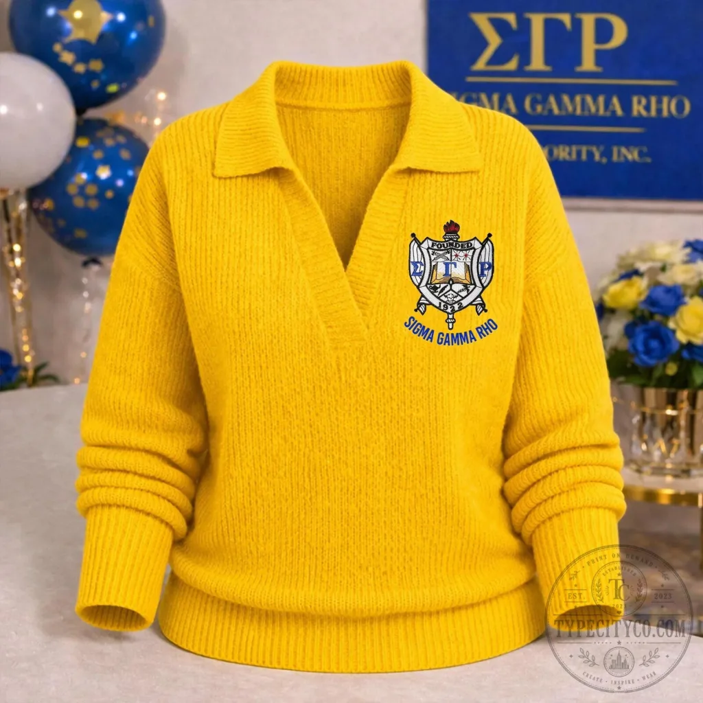 Sigma Gamma Rho Sorority Yellow V-Neck Collared Sweater for Women Sigma Gamma Rho Sorority Yellow V-Neck Collared Sweater for Women