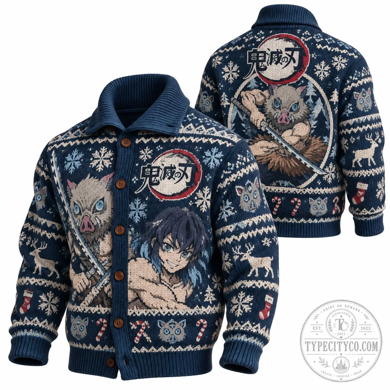 Demon Slayer Inosuke Hashibira and Tanjiro Kamado Christmas Knit Cardigan