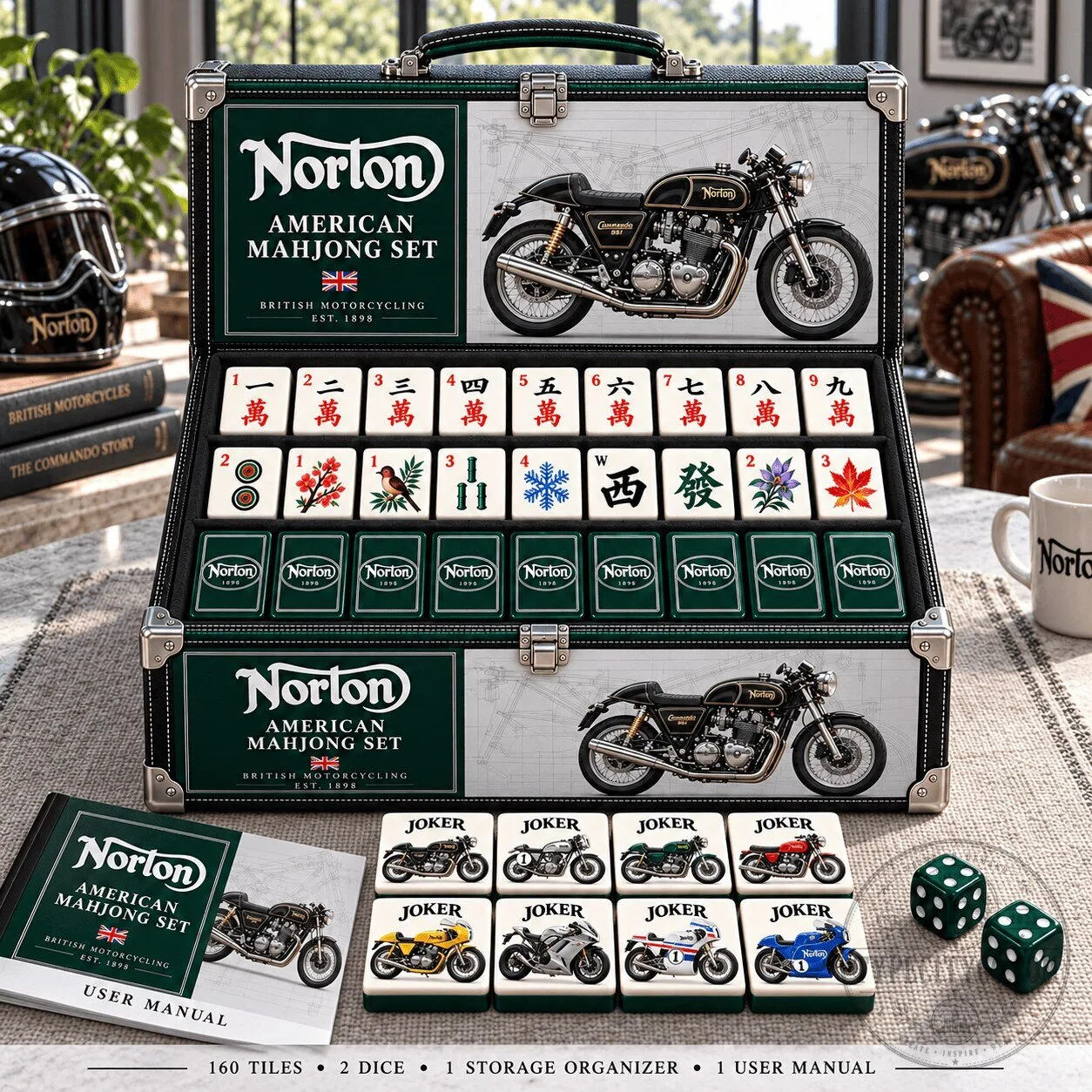 Norton American Mahjong Set with British Motorcycle Design and Storage Case 3 Norton American Mahjong Set with British Motorcycle Design and Storage Case