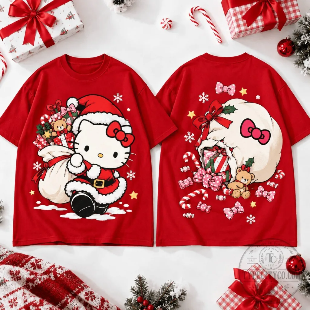 Hello Kitty Santa Claus Christmas Gift Sack Red Short Sleeve T-Shirt Hello Kitty Santa Claus Christmas Gift Sack Red Short Sleeve T-Shirt
