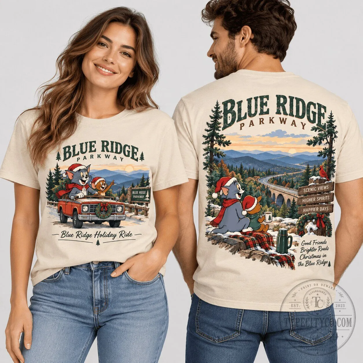 Tom and Jerry Blue Ridge Parkway Christmas Scenic Holiday T-Shirt