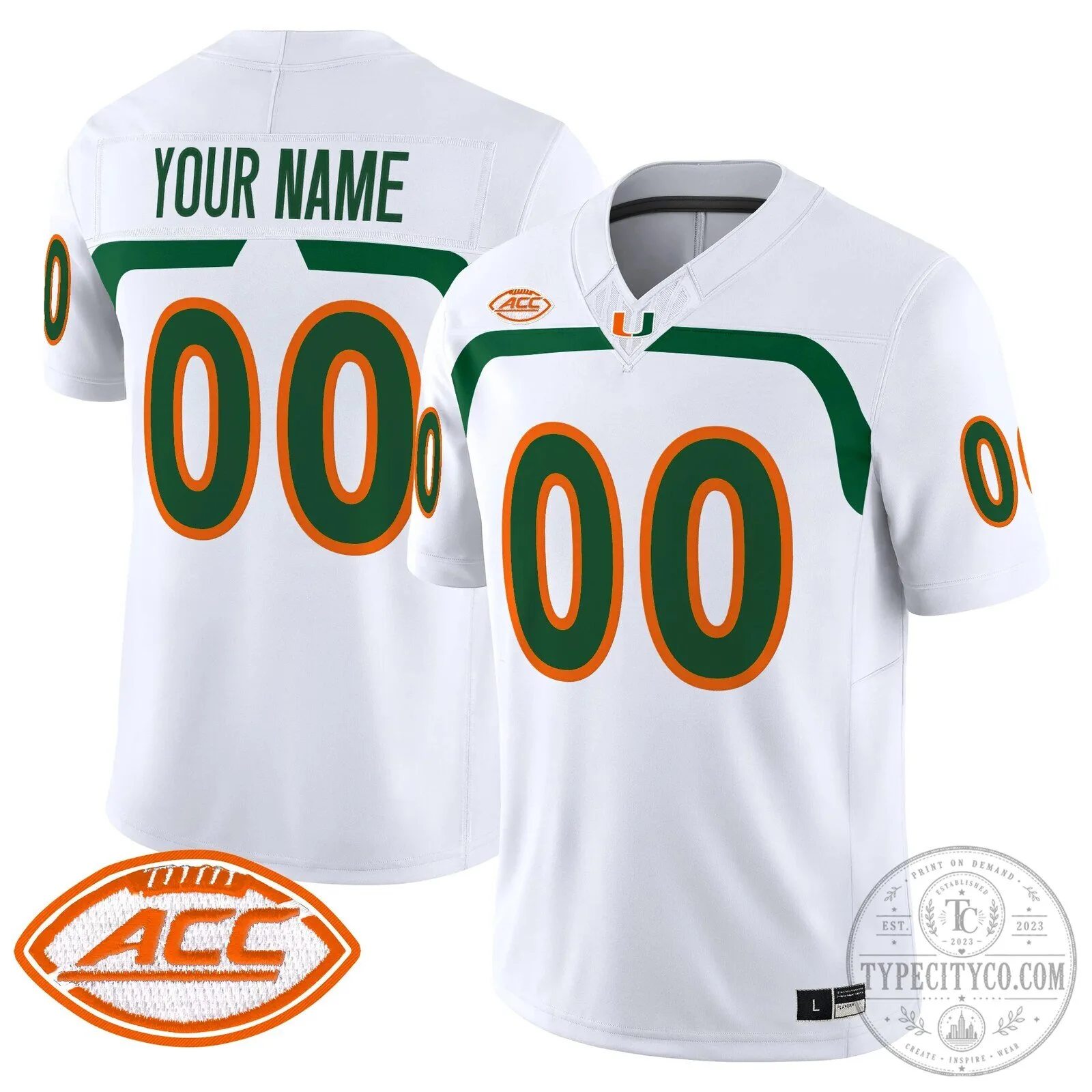 Miami Hurricanes Custom White Football Jersey with Stitched Numbers and Name