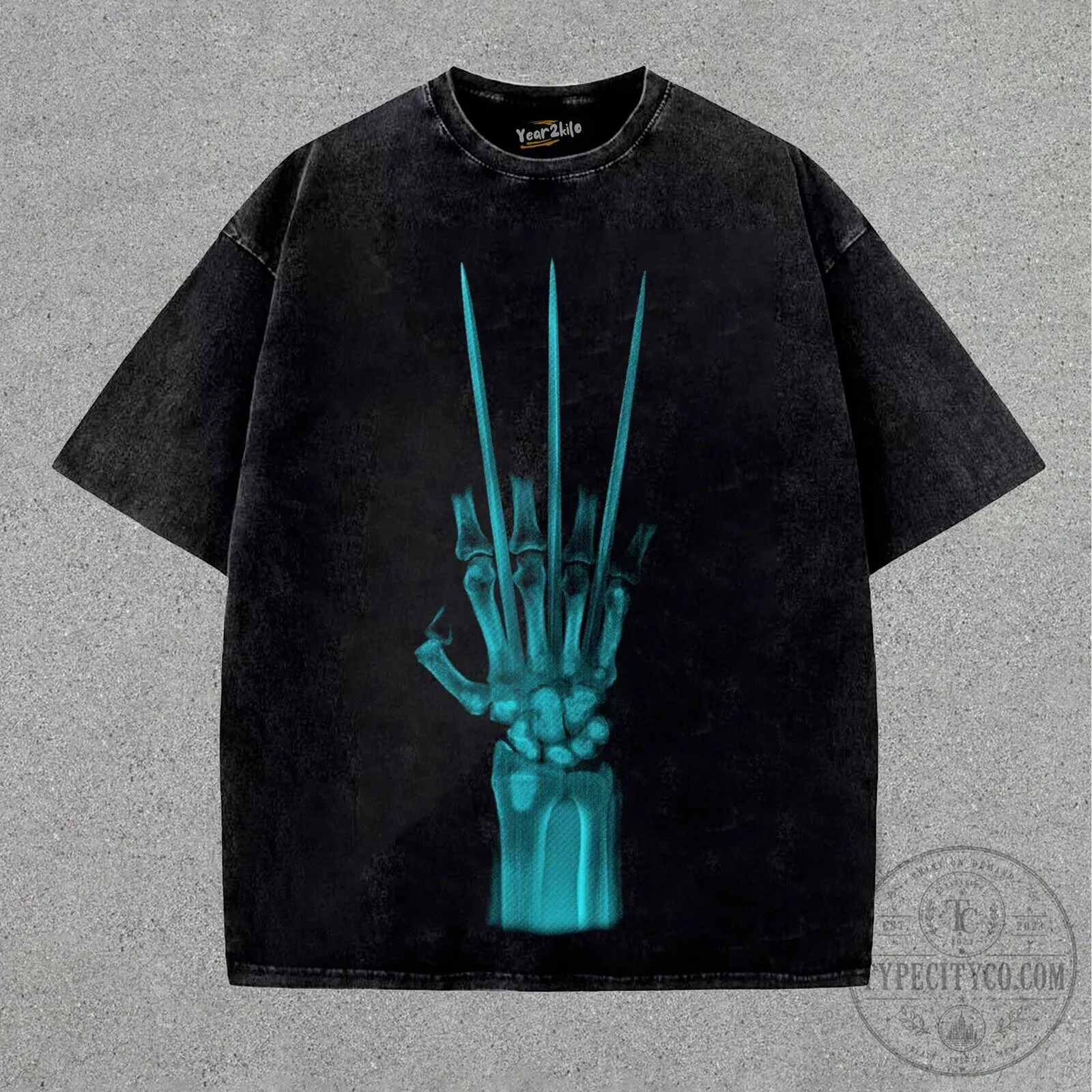 Wolverine Skeleton Hand Claws X-Ray Effect Graphic Print Washed Black T-Shirt