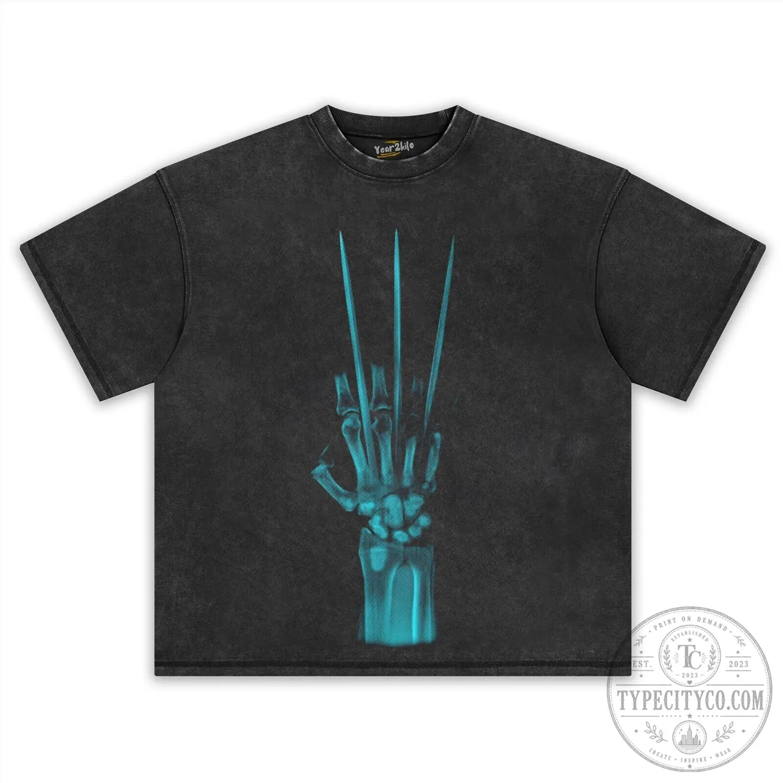 Wolverine Skeleton Hand Claws X-Ray Effect Graphic Print Washed Black T-Shirt 12 Wolverine Skeleton Hand Claws X-Ray Effect Graphic Print Washed Black T-Shirt