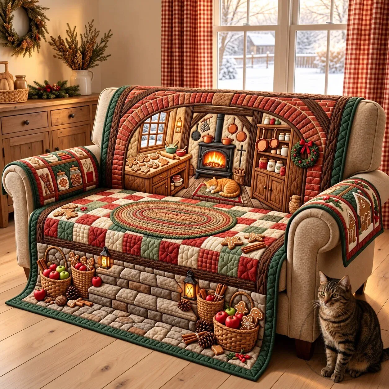 Christmas Kitchen Story Quilted Sofa Cover for Holiday Home Decor