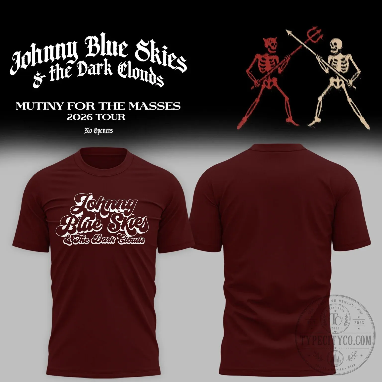 2026 Tour T-Shirt Featuring Johnny Blue Skies and The Dark Clouds' Mutiny For The Masses