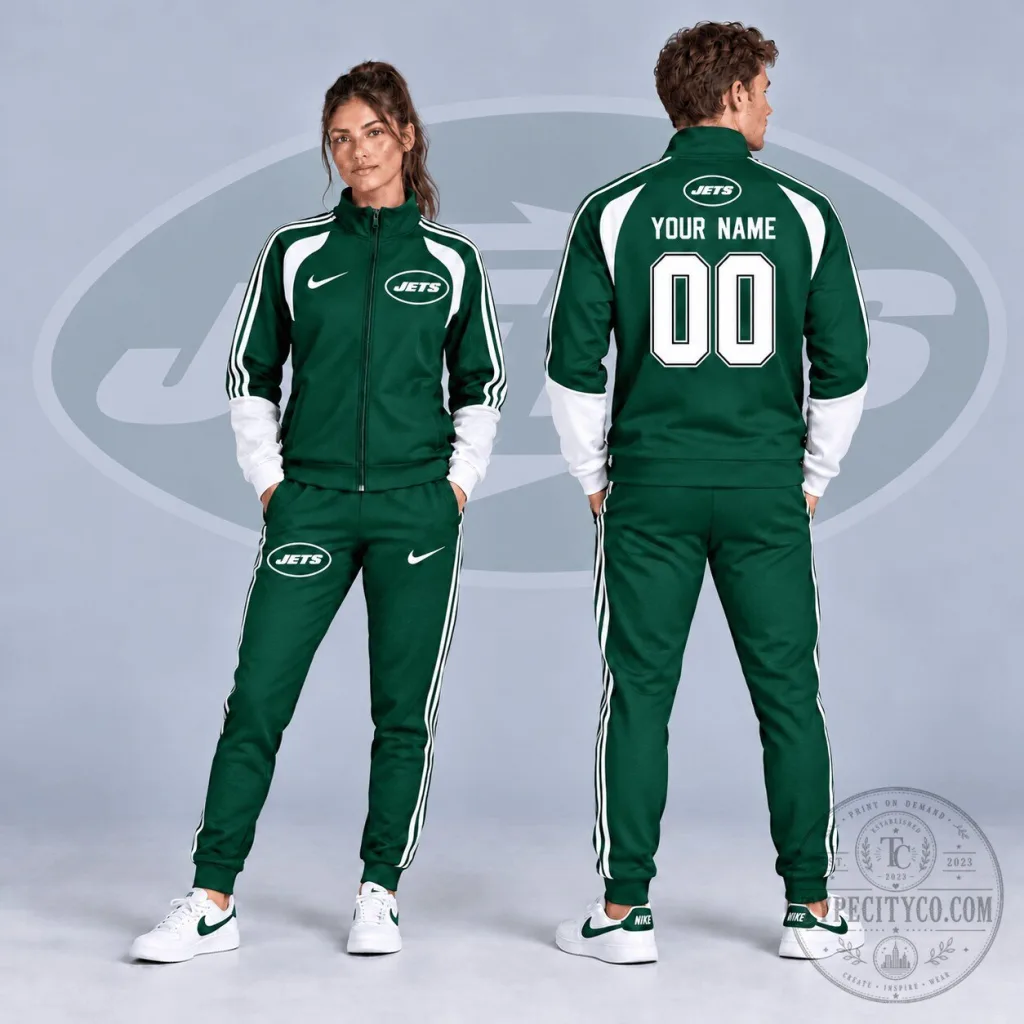 New York Jets Custom Name Number Green and White Tracksuit Jacket New York Jets Custom Name Number Green and White Tracksuit Jacket