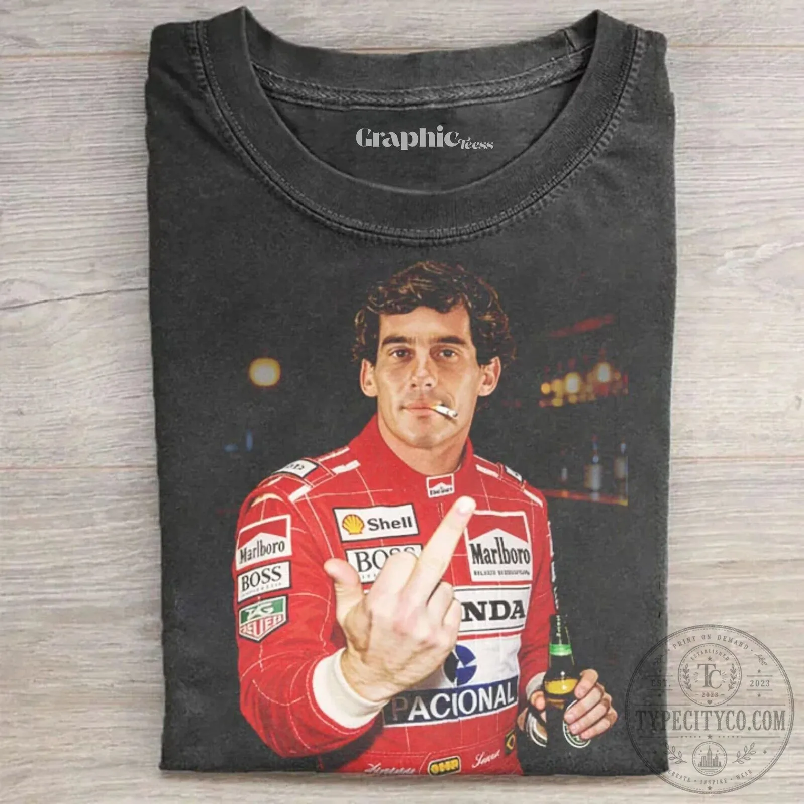 Ayrton Senna Formula One Racing Middle Finger Graphic T-Shirt
