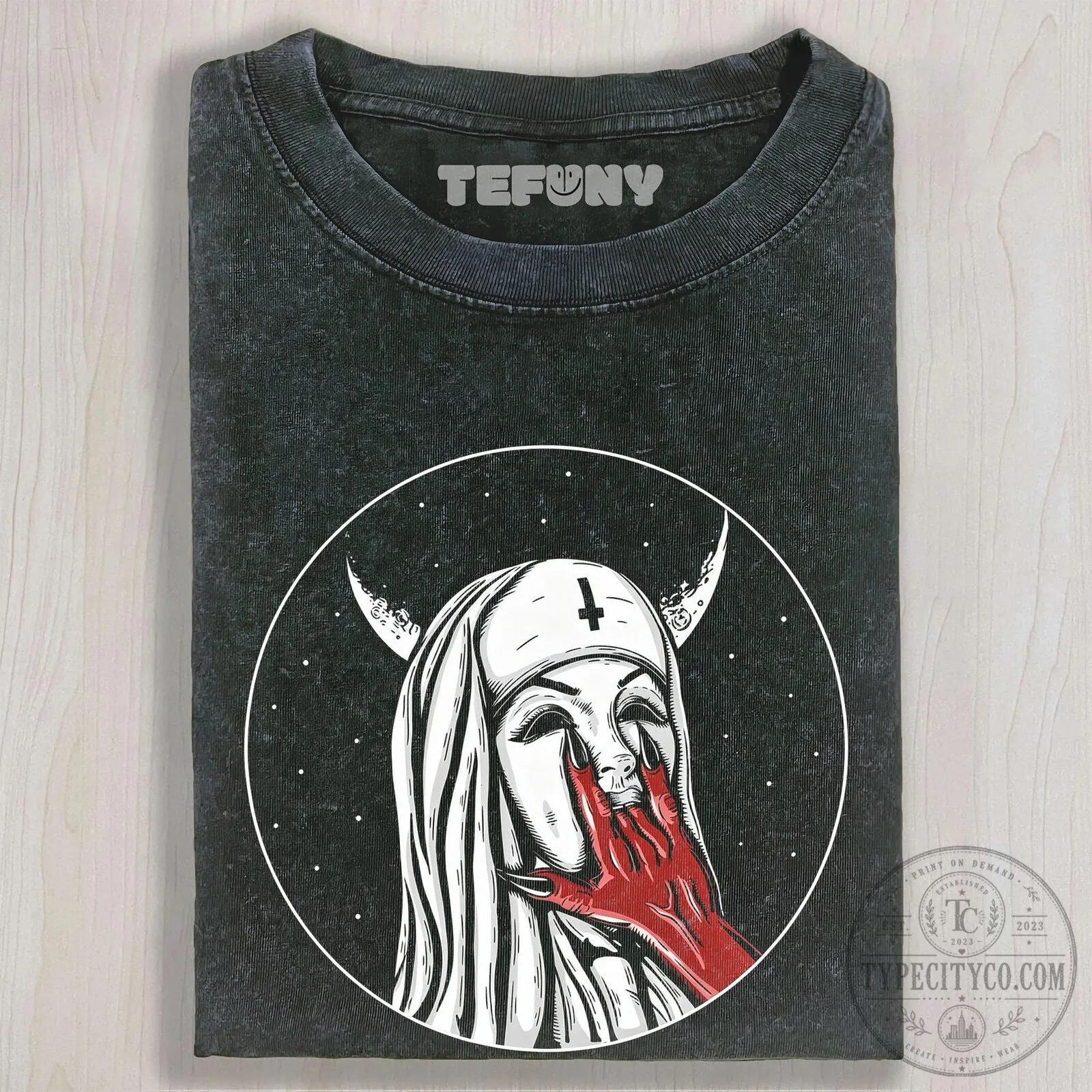 Dark Gothic Nun Bleeding Hand Occult Satanic Demon Washed T-Shirt