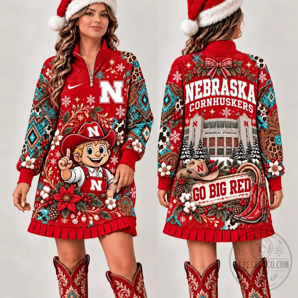 Nebraska Cornhuskers Christmas Western Boho Quarter Zip Sweatshirt Dress Nebraska Cornhuskers Christmas Western Boho Quarter Zip Sweatshirt Dress