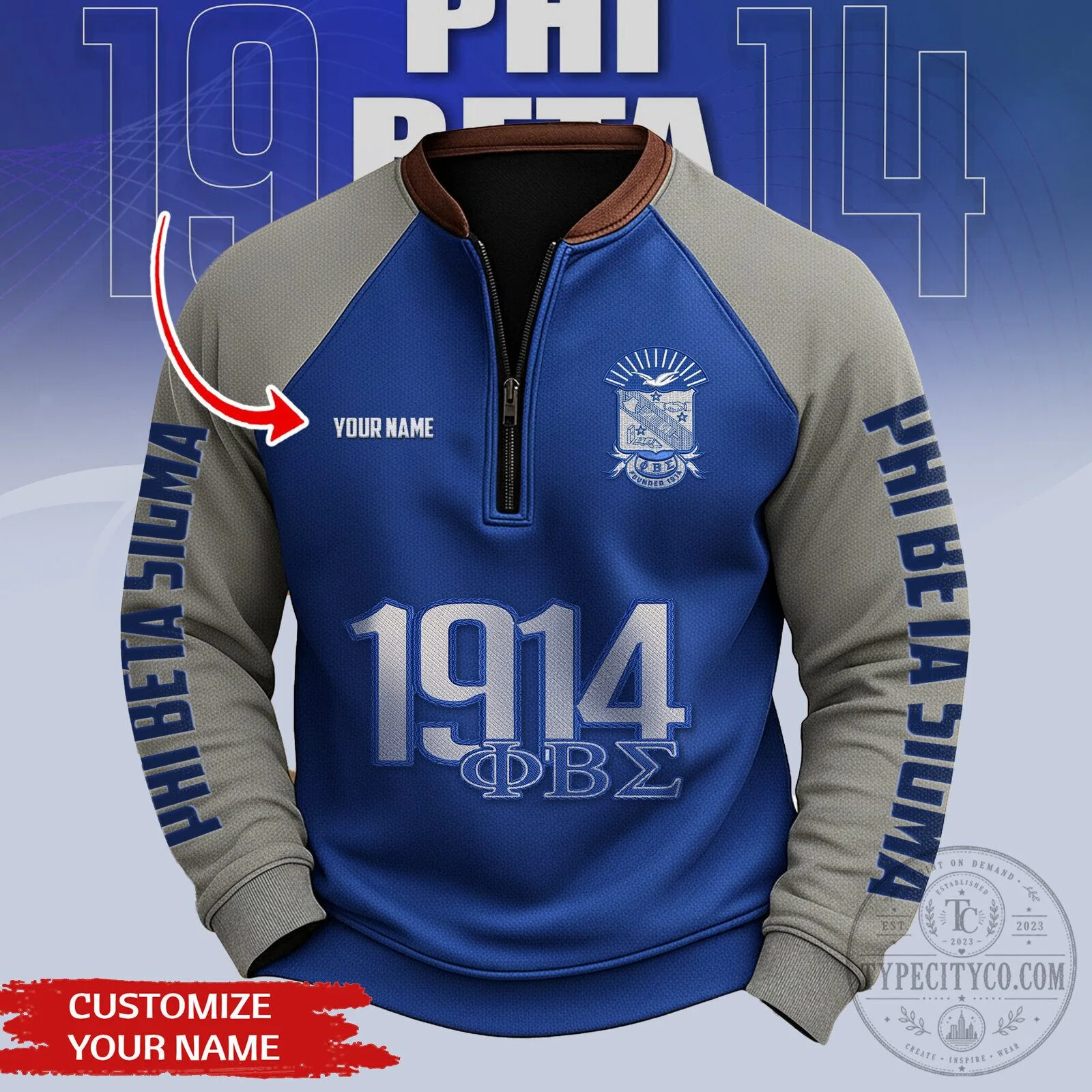 Phi Beta Sigma Fraternity 1914 Blue and Gray Quarter-Zip Sweatshirt
