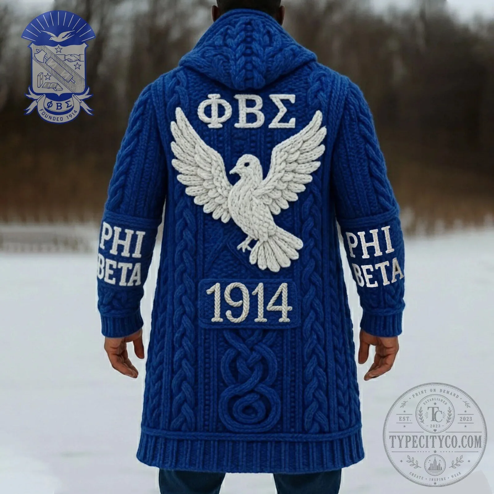 Phi Beta Sigma Fraternity Blue Chunky Knit Hooded Cardigan Sweater