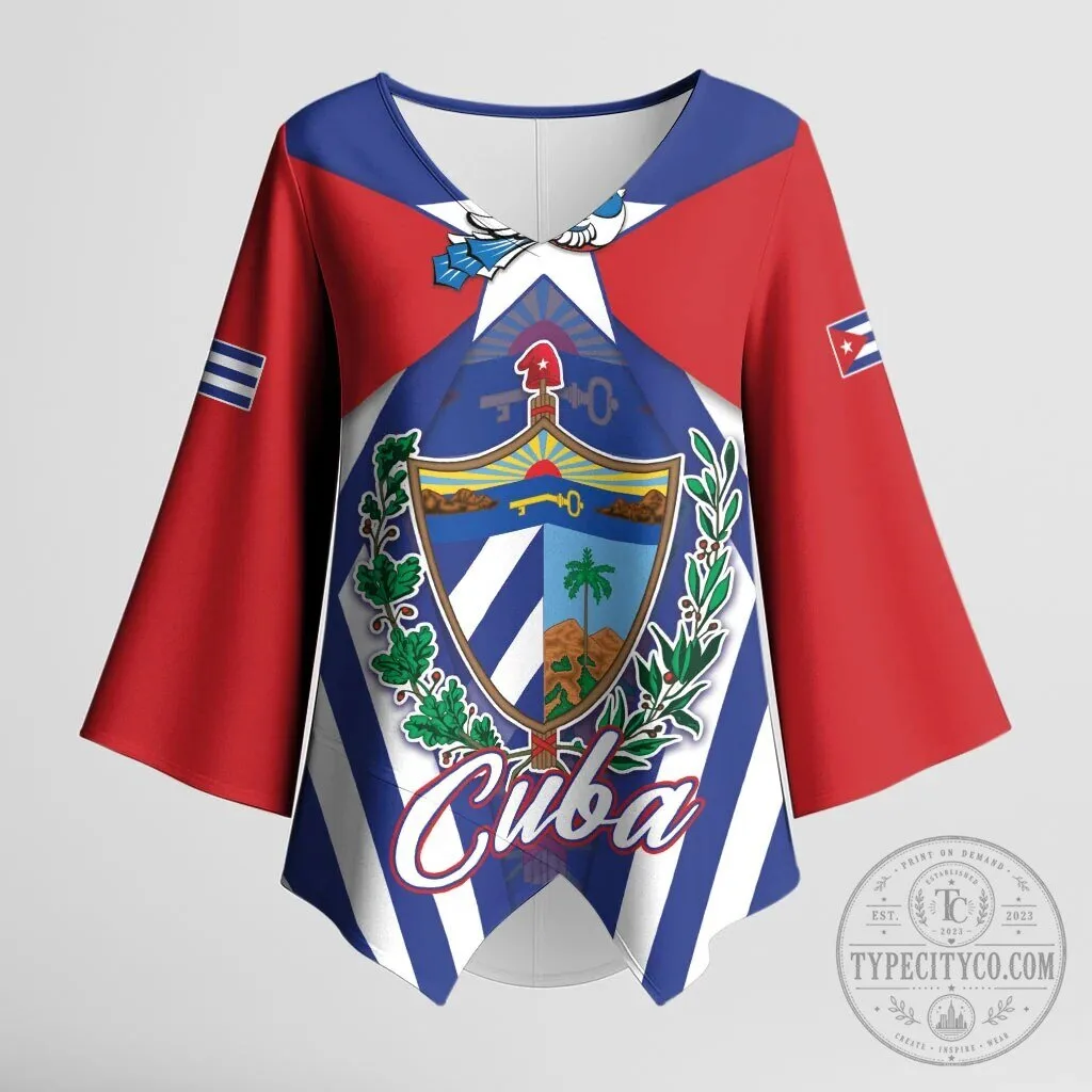 Cuba Flag Coat of Arms Patriotic Kimono Sleeve Blouse Top