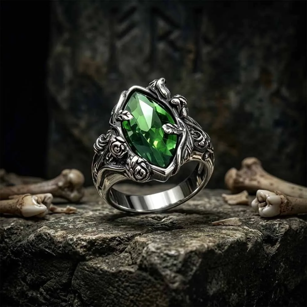 Gothic Vine Rose Green Stone Stainless Steel Ring