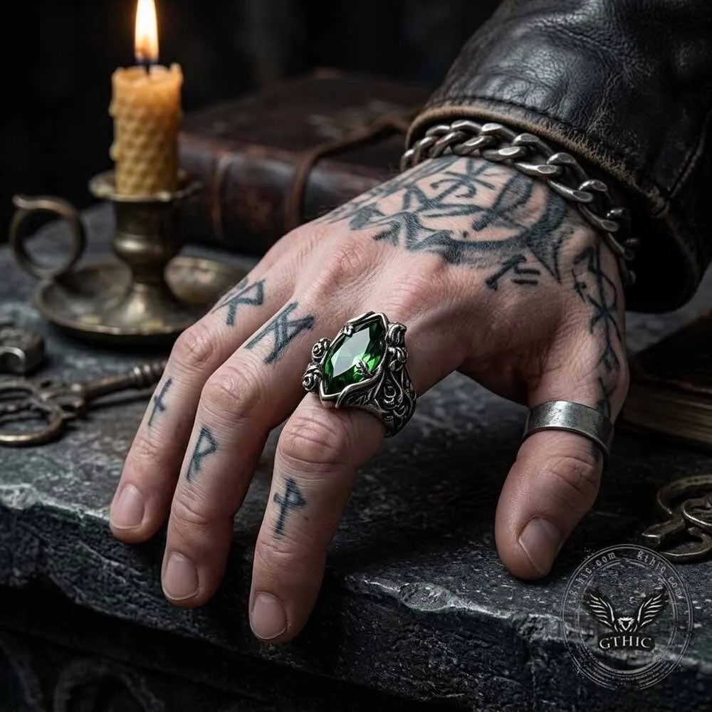 Gothic Vine Rose Green Stone Stainless Steel Ring 7 Gothic Vine Rose Green Stone Stainless Steel Ring