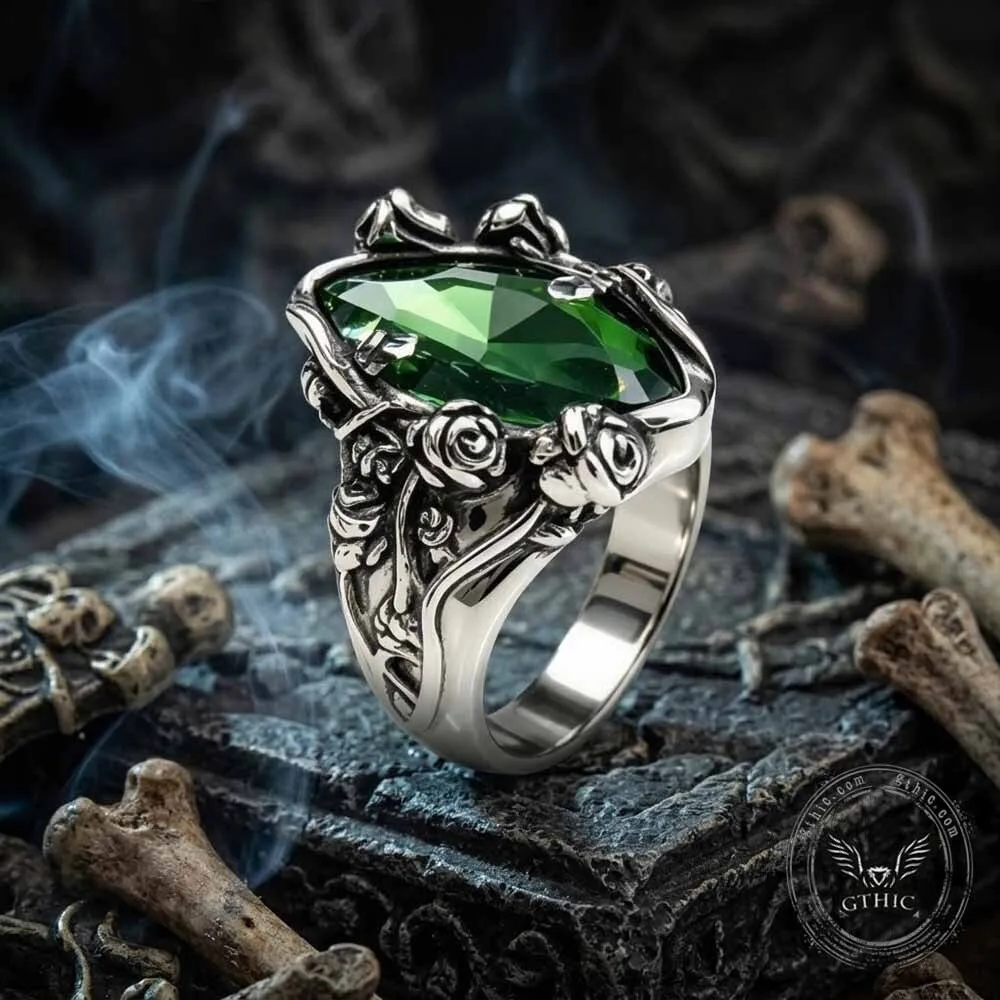 Gothic Vine Rose Green Stone Stainless Steel Ring 8 Gothic Vine Rose Green Stone Stainless Steel Ring