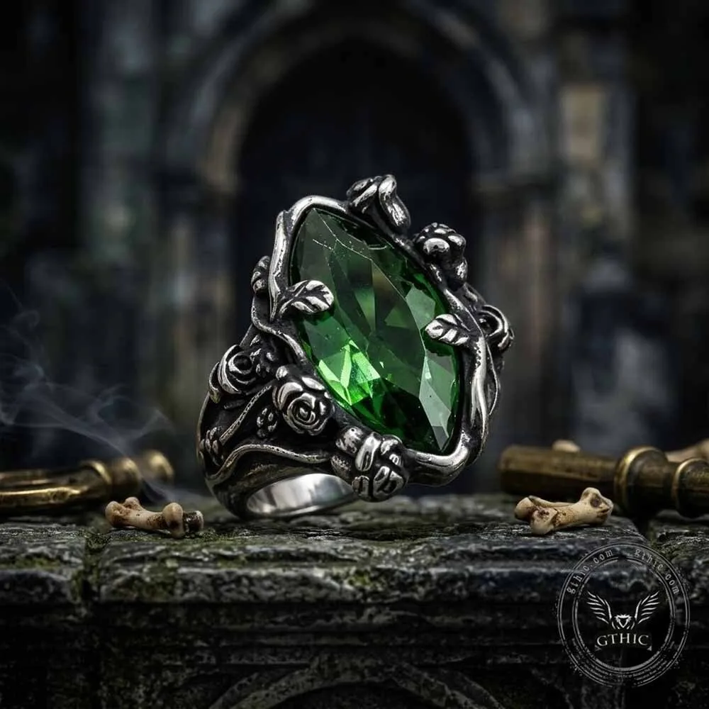 Gothic Vine Rose Green Stone Stainless Steel Ring 9 Gothic Vine Rose Green Stone Stainless Steel Ring