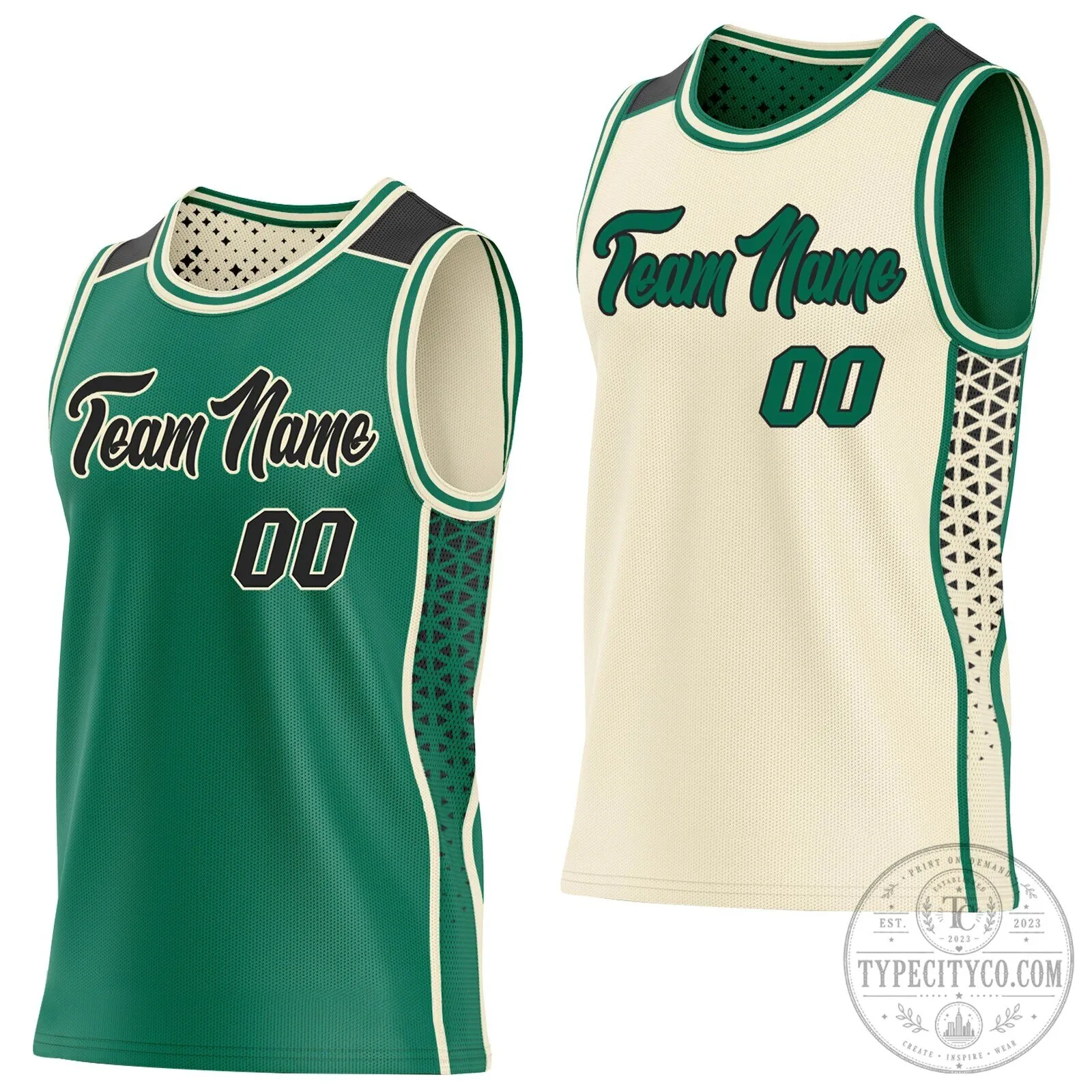 Custom Kelly Green Black Cream Reversible Basketball Jersey Set