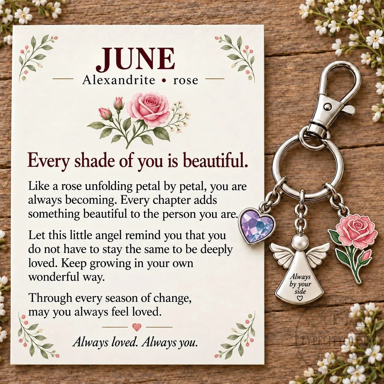 June Birth Month Alexandrite Rose Angel Charm Keychain with Keepsake Card 28 June Birth Month Alexandrite Rose Angel Charm Keychain with Keepsake Card