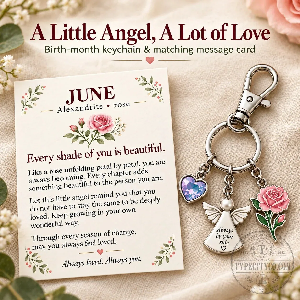June Birth Month Alexandrite Rose Angel Charm Keychain with Keepsake Card 34 June Birth Month Alexandrite Rose Angel Charm Keychain with Keepsake Card