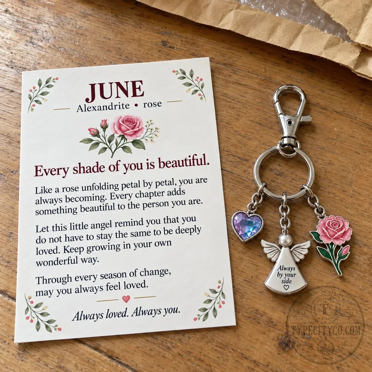 June Birth Month Alexandrite Rose Angel Charm Keychain with Keepsake Card 42 June Birth Month Alexandrite Rose Angel Charm Keychain with Keepsake Card