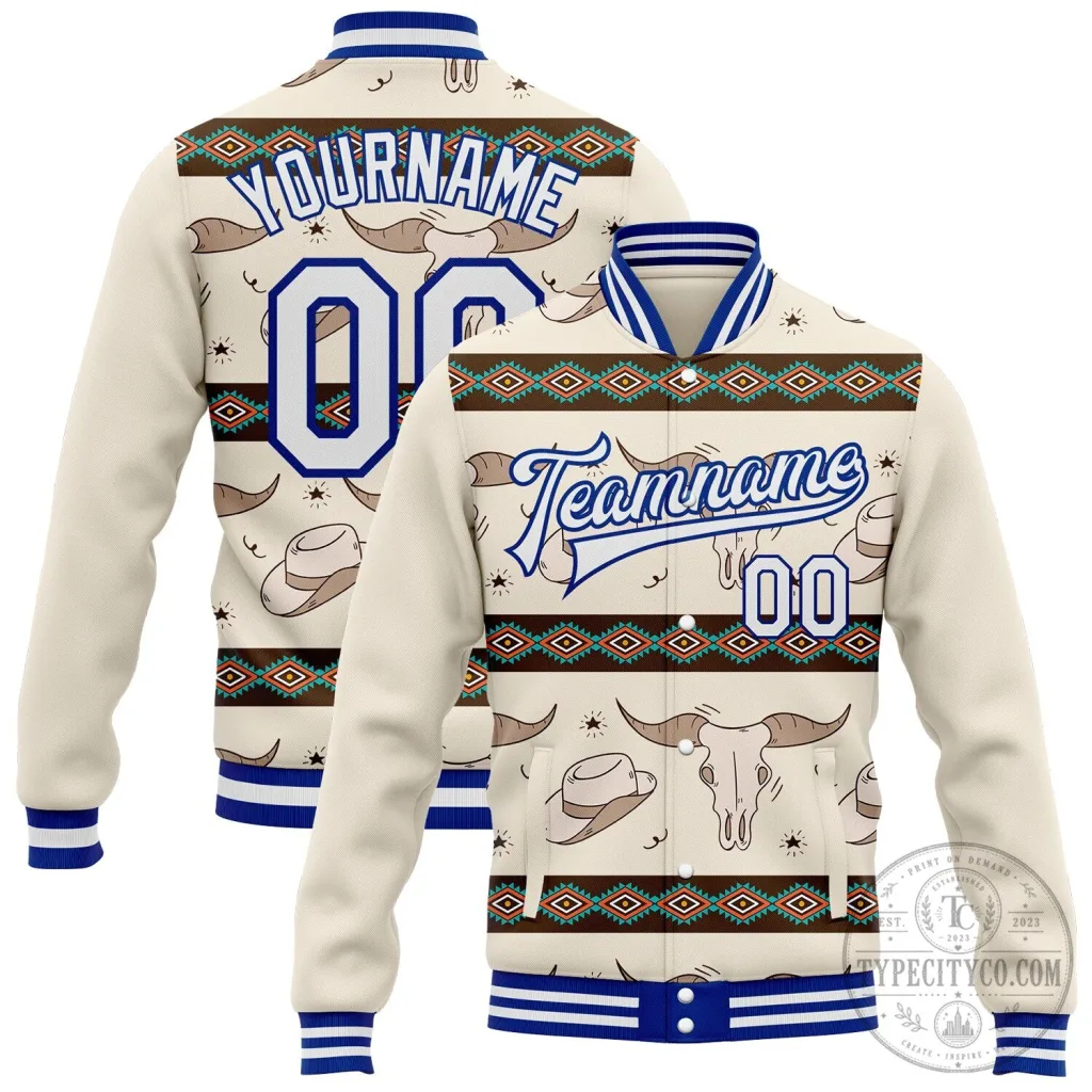 Southwestern Geometric Cow Skull Aztec Bomber Varsity Jacket Southwestern Geometric Cow Skull Aztec Bomber Varsity Jacket