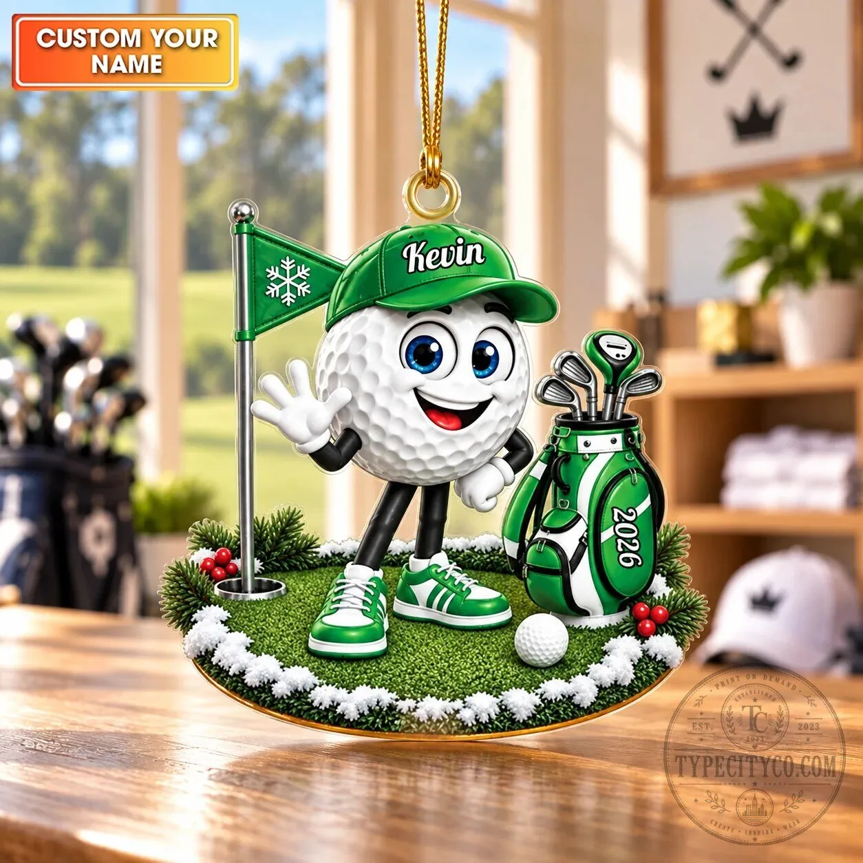 Personalized Golf Ball Character Christmas Ornament, Custom Name Golfing Holiday Decor