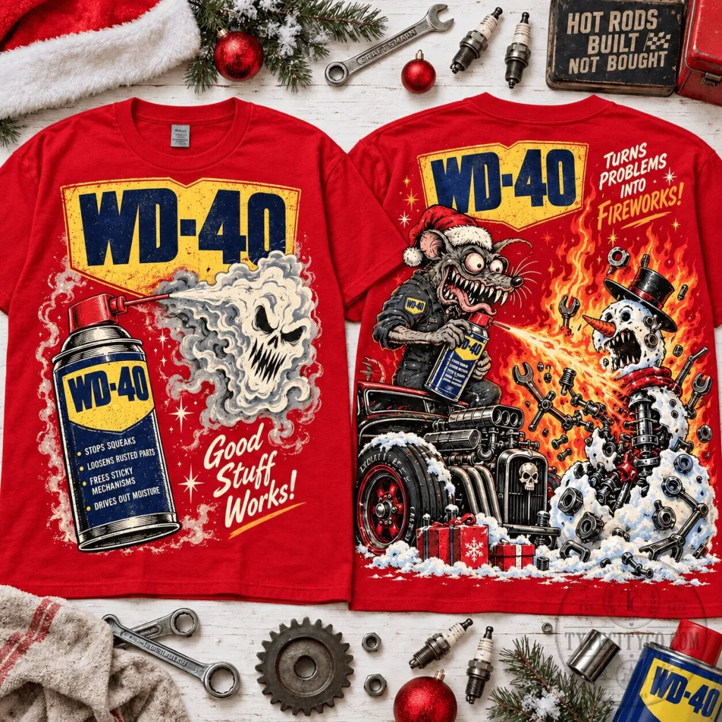 WD-40 Rat Fink Turns Problems Into Fireworks Christmas T-Shirt WD-40 Rat Fink Turns Problems Into Fireworks Christmas T-Shirt