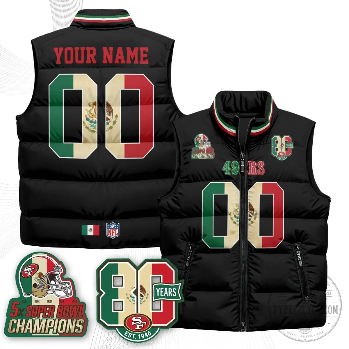 San Francisco 49ers Mexico Flag Style Custom Puffer Vest 6 San Francisco 49ers Mexico Flag Style Custom Puffer Vest