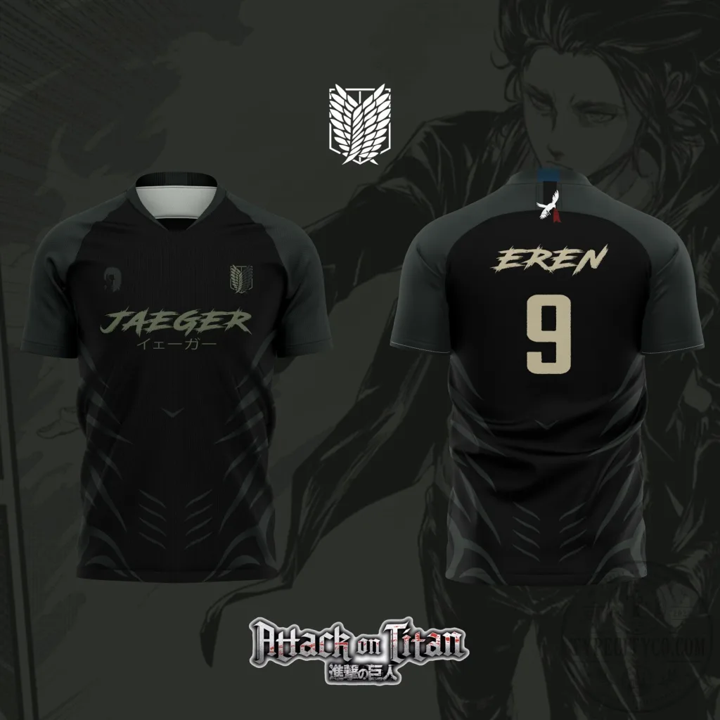 Attack on Titan Eren Jaeger Scouting Legion Black Soccer Jersey Attack on Titan Eren Jaeger Scouting Legion Black Soccer Jersey