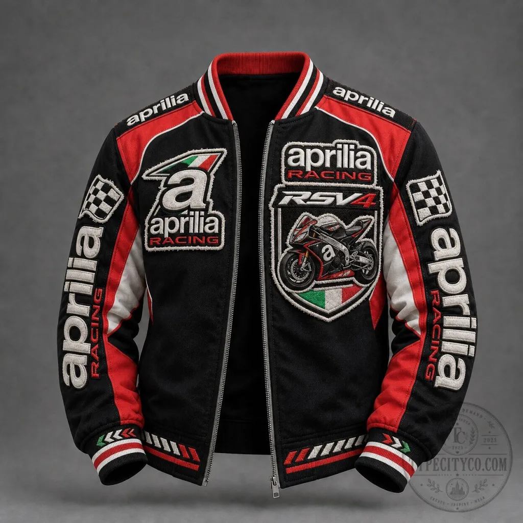 Aprilia Racing Motorcycle Bomber Jacket with Embroidered Logos and Graphics Aprilia Racing Motorcycle Bomber Jacket with Embroidered Logos and Graphics