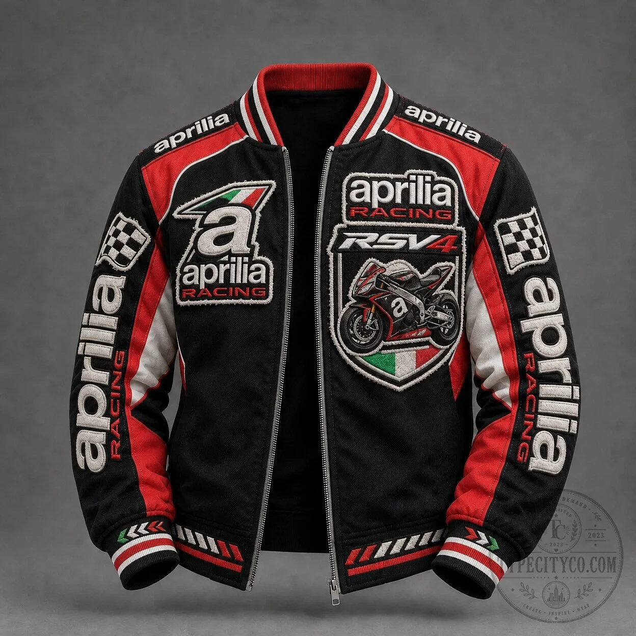 Aprilia Racing Motorcycle Bomber Jacket with Embroidered Logos and Graphics 1 Aprilia Racing Motorcycle Bomber Jacket with Embroidered Logos and Graphics
