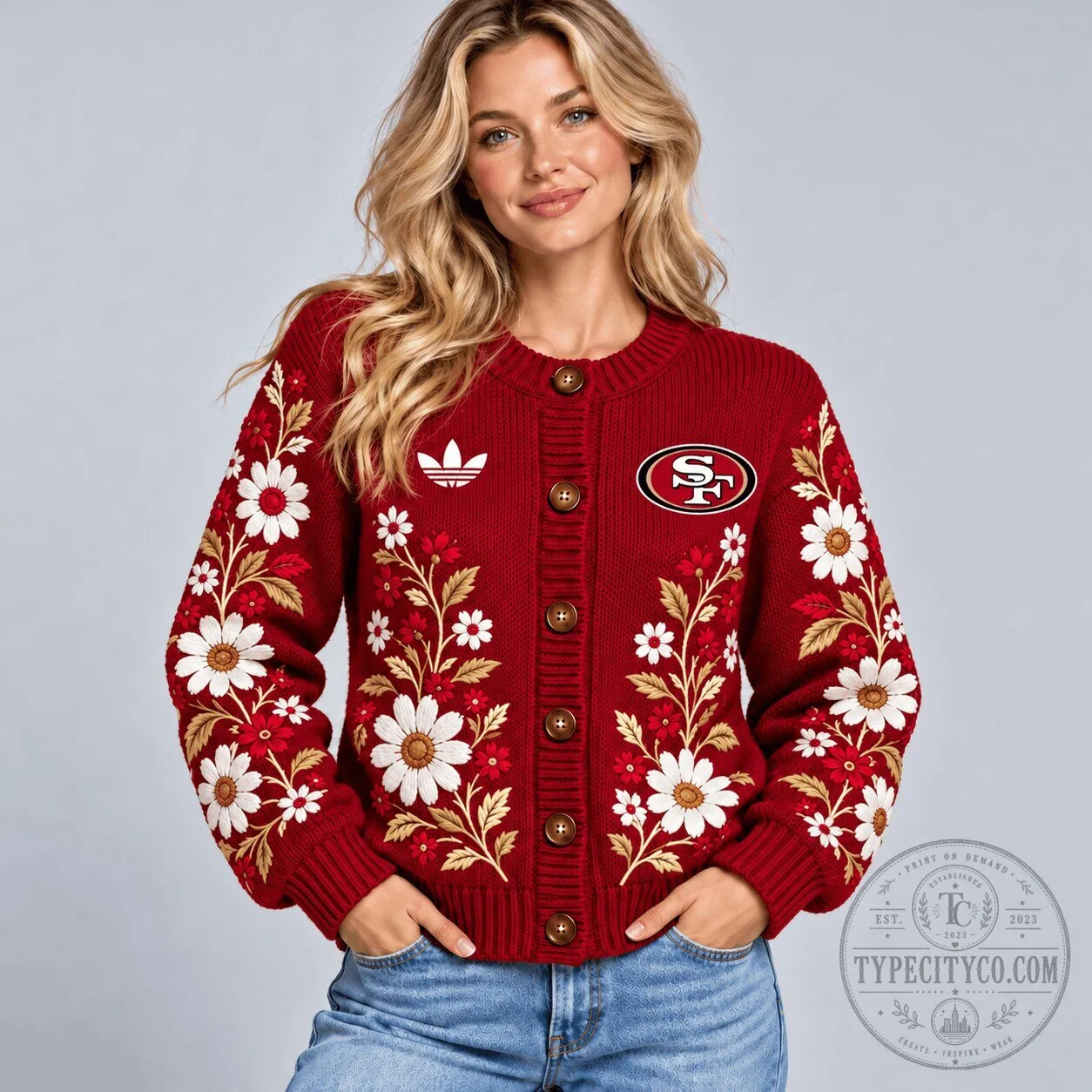 San Francisco 49ers Floral Embroidered Red Button-Up Cardigan Sweater