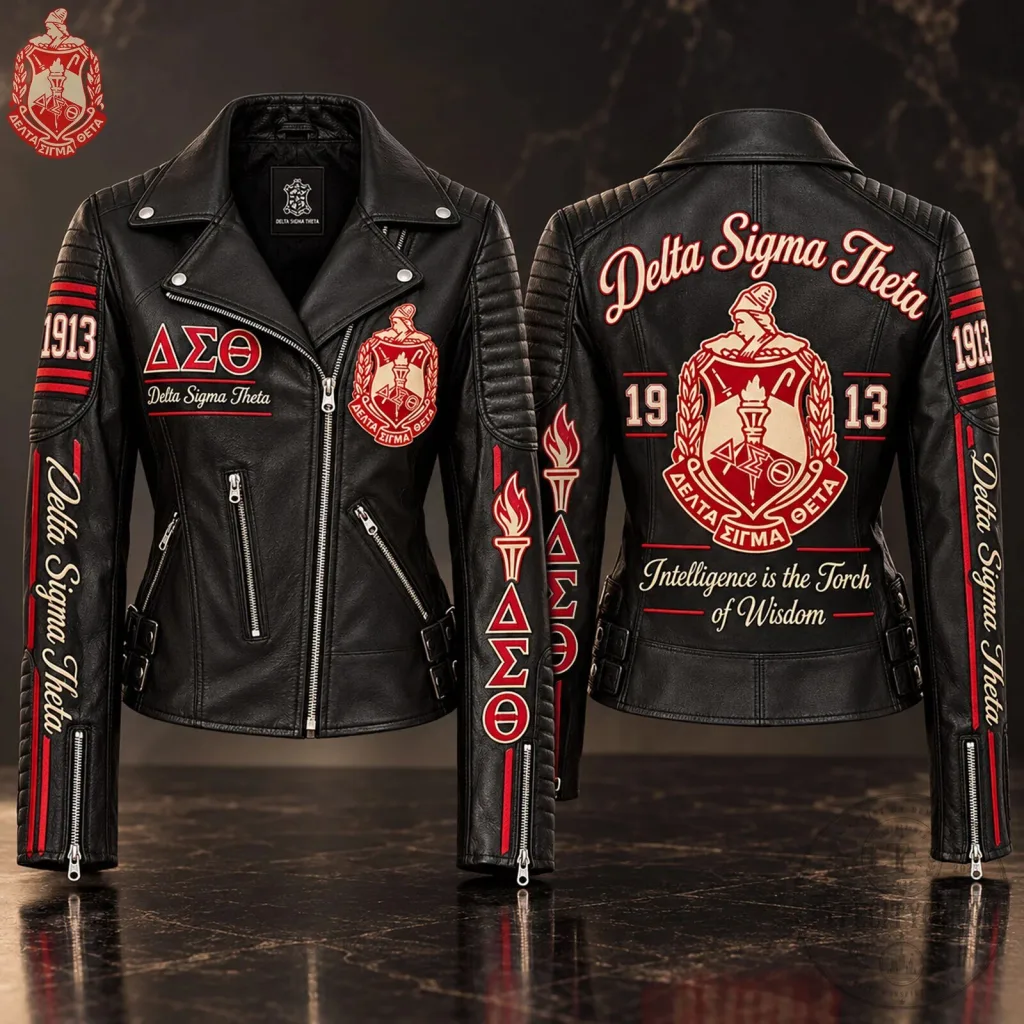 Delta Sigma Theta Sorority Black Leather Motorcycle Jacket for Women Delta Sigma Theta Sorority Black Leather Motorcycle Jacket for Women